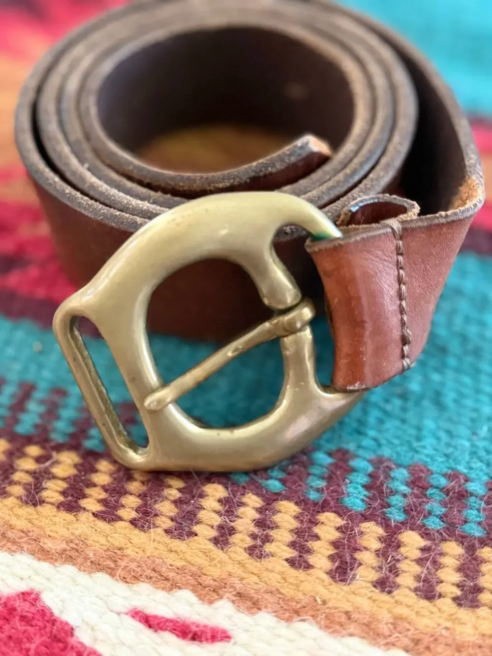 Rare Vintage Polo Ralph Lauren Brown Leather Belt Size 40 Brass Horseshoe Buckle